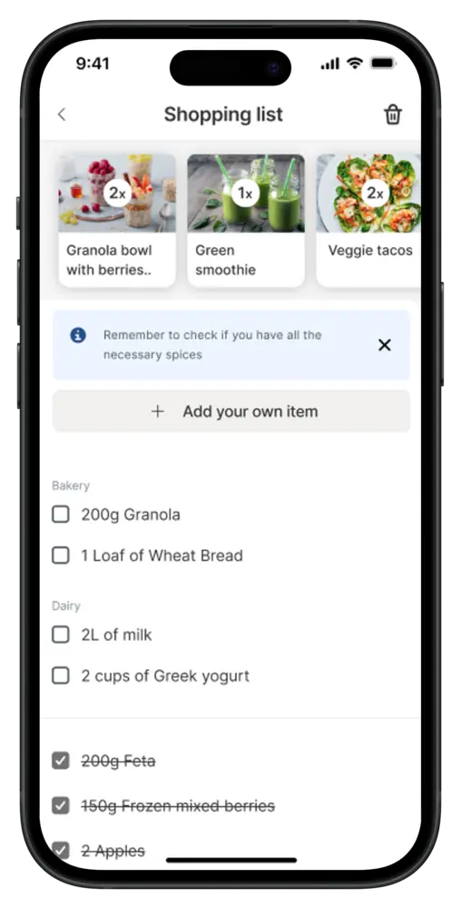 Shopping list screen in the SUSTAIN coaching app