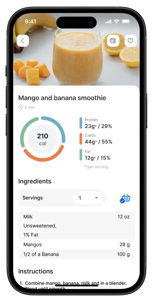 Recipe and macros screen in the SUSTAIN coaching app