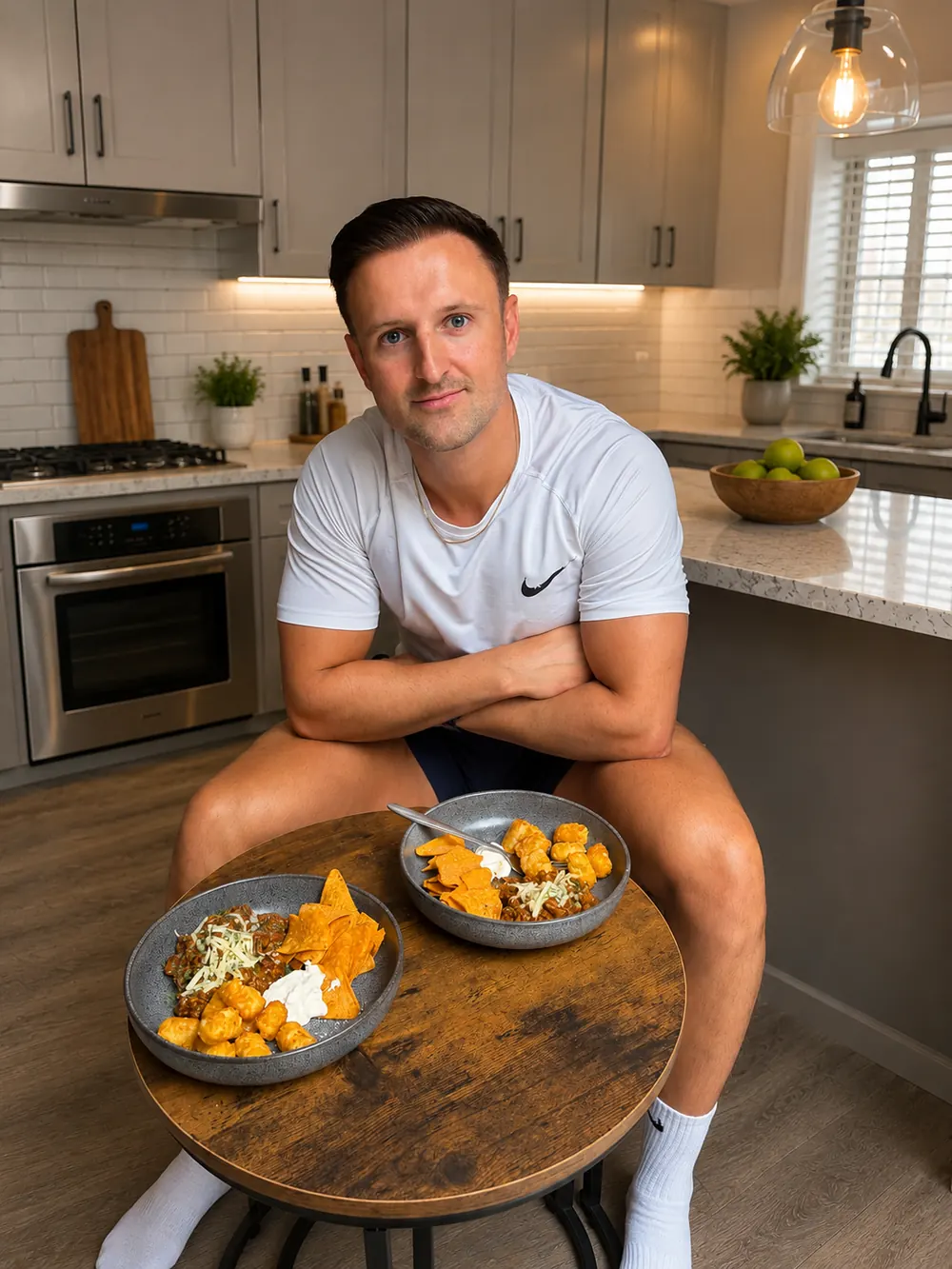 Oli McCann sitting in his kitchen with a healthy home-cooked meal